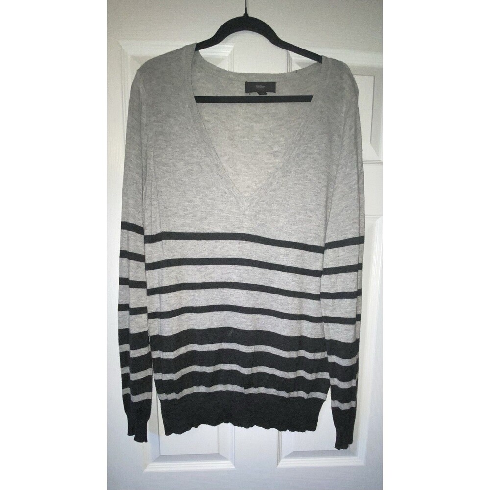 Vintage Y2K Mossimo Deep V-Neck Striped Knit Sweater Grey Black Pullover XL